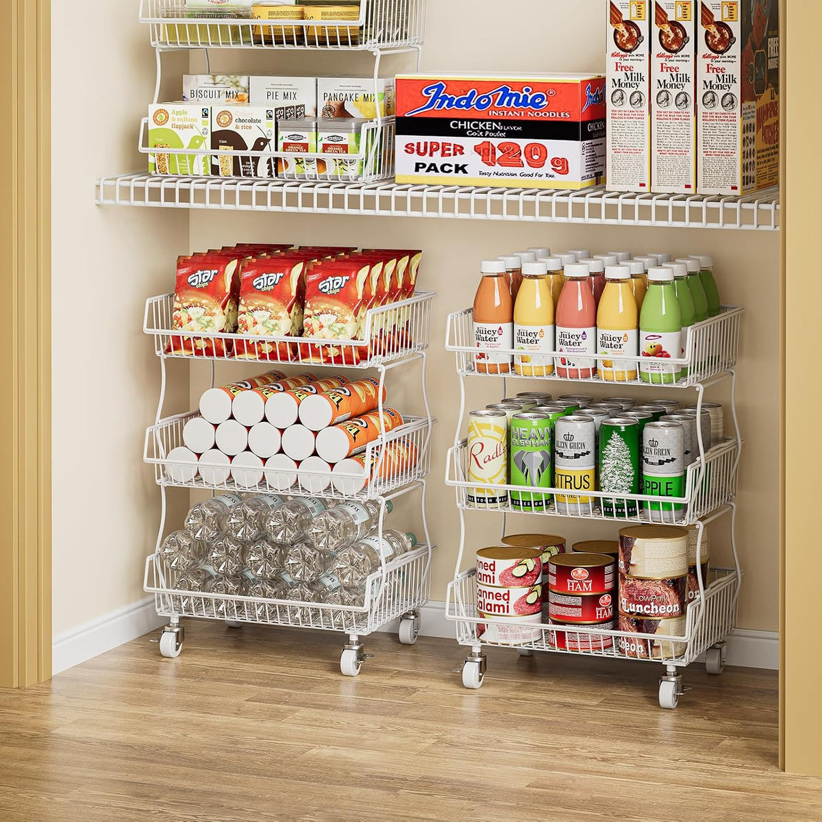 OKZEST 3-Tier Rolling Pantry Floor Organizer and Storage Cart with Wheels, Stackable Wire Pantry Baskets for Pantry Shelves, Kitchen Storage Rack and Fruit Basket Stand for Fruit Snack Onion Potato