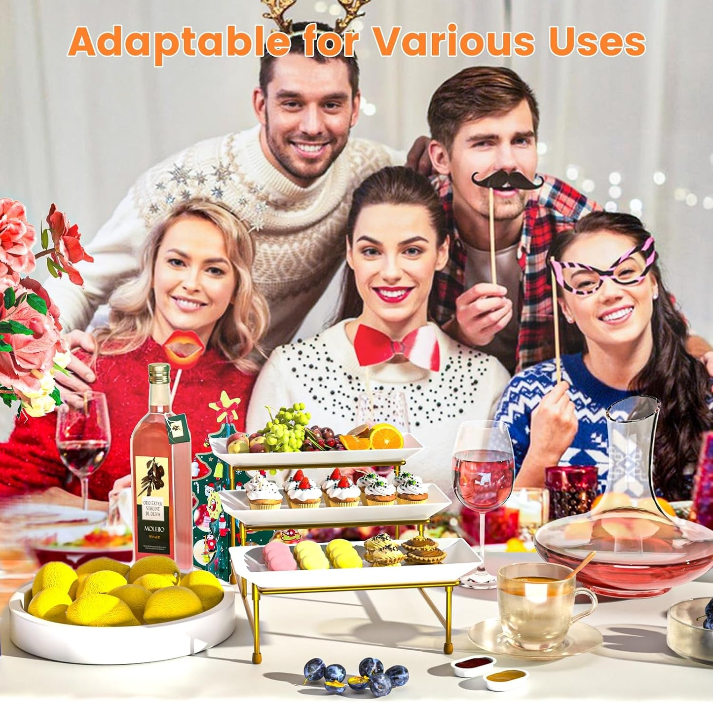 3 Tier Servings Tray for Party, 12"x6" Tiered Serving Platters with Steel Display Stand for Sevring Food,Cookies,Veggie, Dessert,Fruit, Black