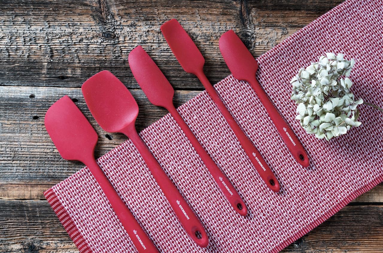 KITCHENLOVE Premium 600°F Heat Resistant 5 Piece Silicone Spatula Set for Baking, Cooking, Mixing - Non-Stick with High Grade S-Iron Steel Core - One Piece Seamless Design - BPA Free (Black)