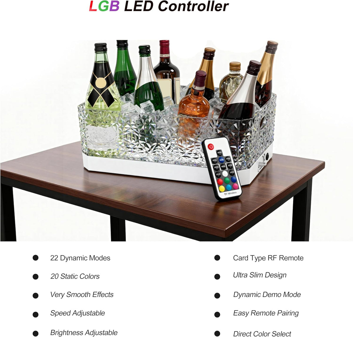 Plastic Ice Bucket for Parties, 15Liter / 4 Gallon Big Large Clear Beverage Tub for Champagne Beer Drink Wine Cocktails Bar, Hosting Party Essentials, LED Light Up, Rectangular, Leakproof
