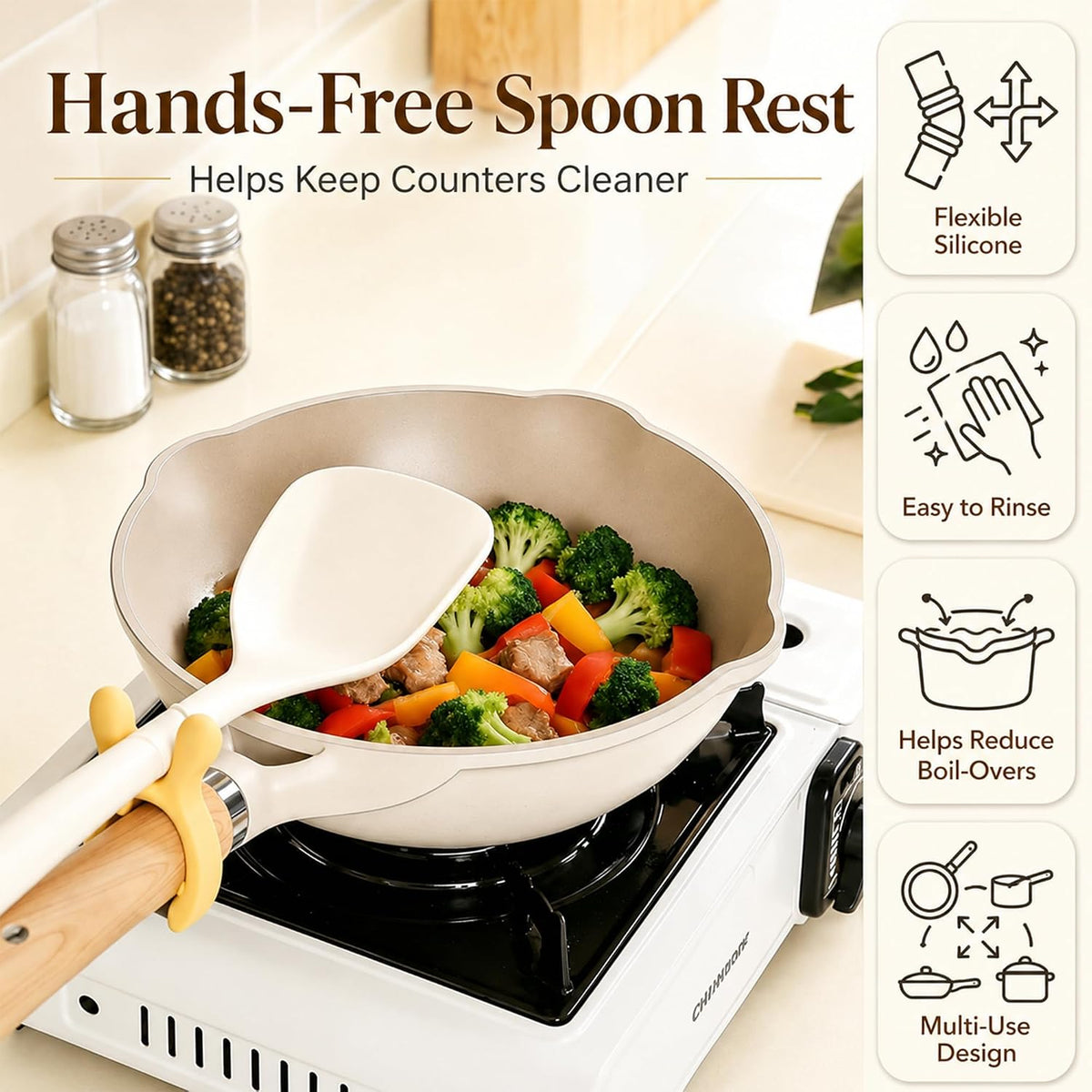 3-Pack Silicone Pot Clip Spoon Holder, Clip-On Spoon Rest and Lid Support, Non-Slip Pot Handle Utensil Rest, Helps Reduce Drips and Boil-Overs, for Pots, Pans and Bowls