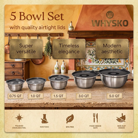 WHYSKO Stainless Steel Mixing Bowls with Lids, 5-Piece Nesting Set