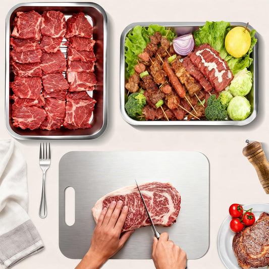 Grill Prep Trays Sets of 5, Stainless Steel Large Capacity Grilling Prep and Serve Trays Set, Marinade Containers with Lids, and Cutting Board, BBQ Grill Trays Accessories Gifts for Men