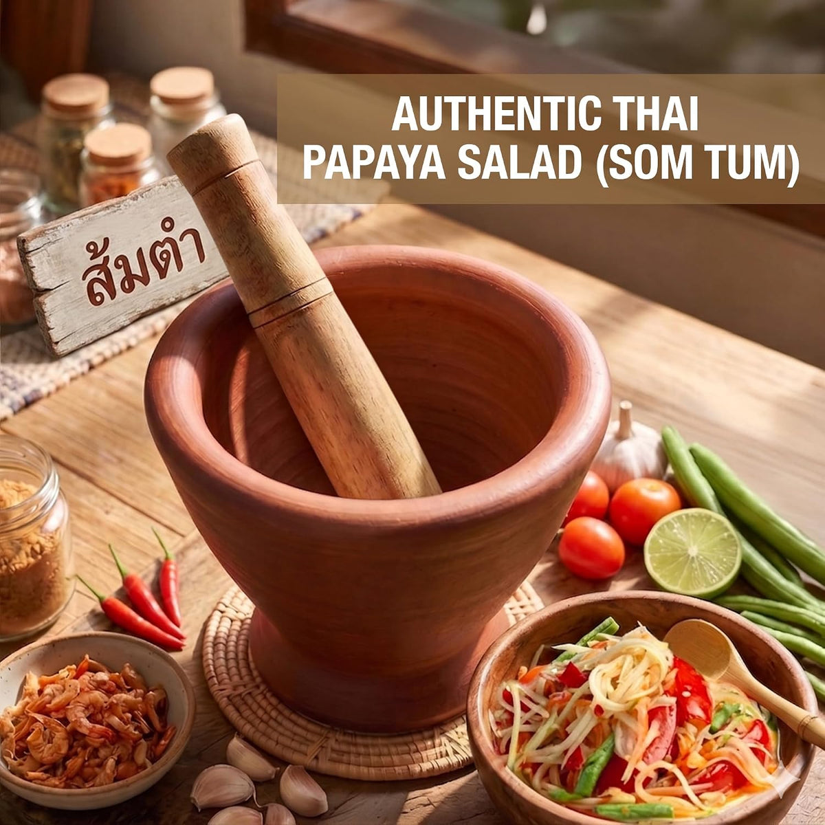 Thai Clay Mortar and Wooden Pestle Set for Som Tum, Authentic Papaya Salad Kit with Peeler, Grater & Spoon