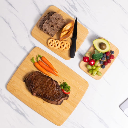 3-piece bamboo cutting board set,non-slip kitchen cutting board set includes 14 "x11", 10 "x8" and 8 "x5.5" for cutting meat, vegetables and cheese, which can be turned over and easily cleaned.