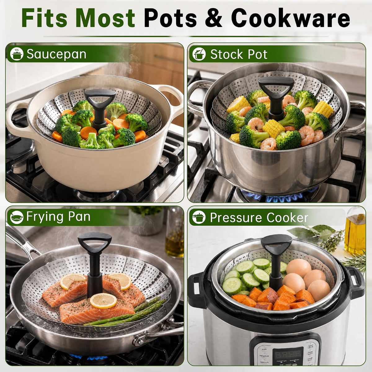 Steamer Basket for Pot, Stainless Steel Vegetable Steamer Basket for Cooking with Folding Expandable Design and Extendable Handle, Fits Various Size Pots, 5.1–9 Inch