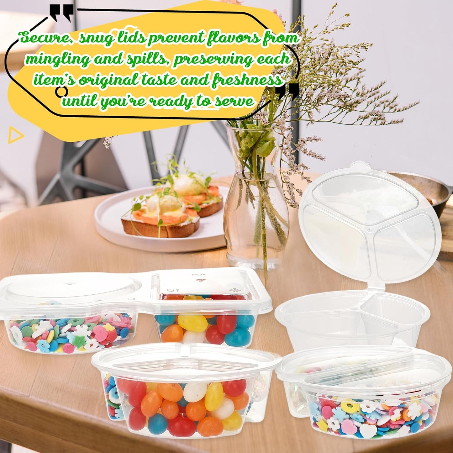 45 Pcs 2 Compartment Snack Containers 3 Compartment Condiment Containers with Lids Plastic Box for Sauce Meal Prep Portion Control, 3 Shapes