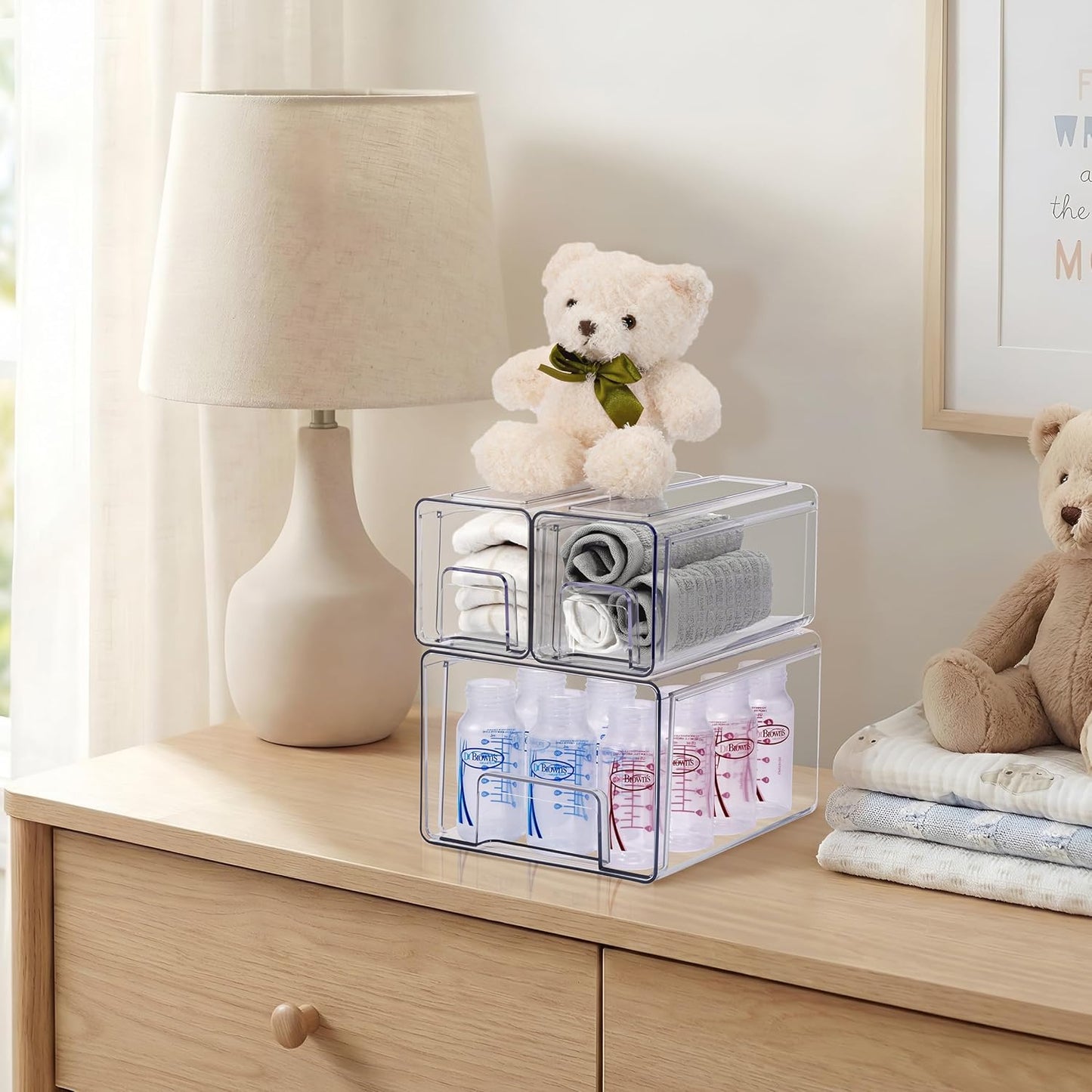 Sorbus Clear Stackable Storage Drawers, 4-Piece Set 1 Large, 1 Medium & 2 Small Pull-Out Plastic Organizer Bins with Handles for Bathroom, Closet, Pantry, Cabinet & Medicine Storage