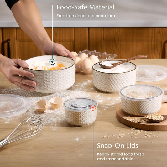 KooK Serving Bowls, with Lids, Ceramic Nesting Bowls, Set of 4, Embossed, Kitchen, Prep, Stackable, Gift, Microwave and Dishwasher Safe, 10/16/29/47 oz, Narbonne Collection (Ivory)