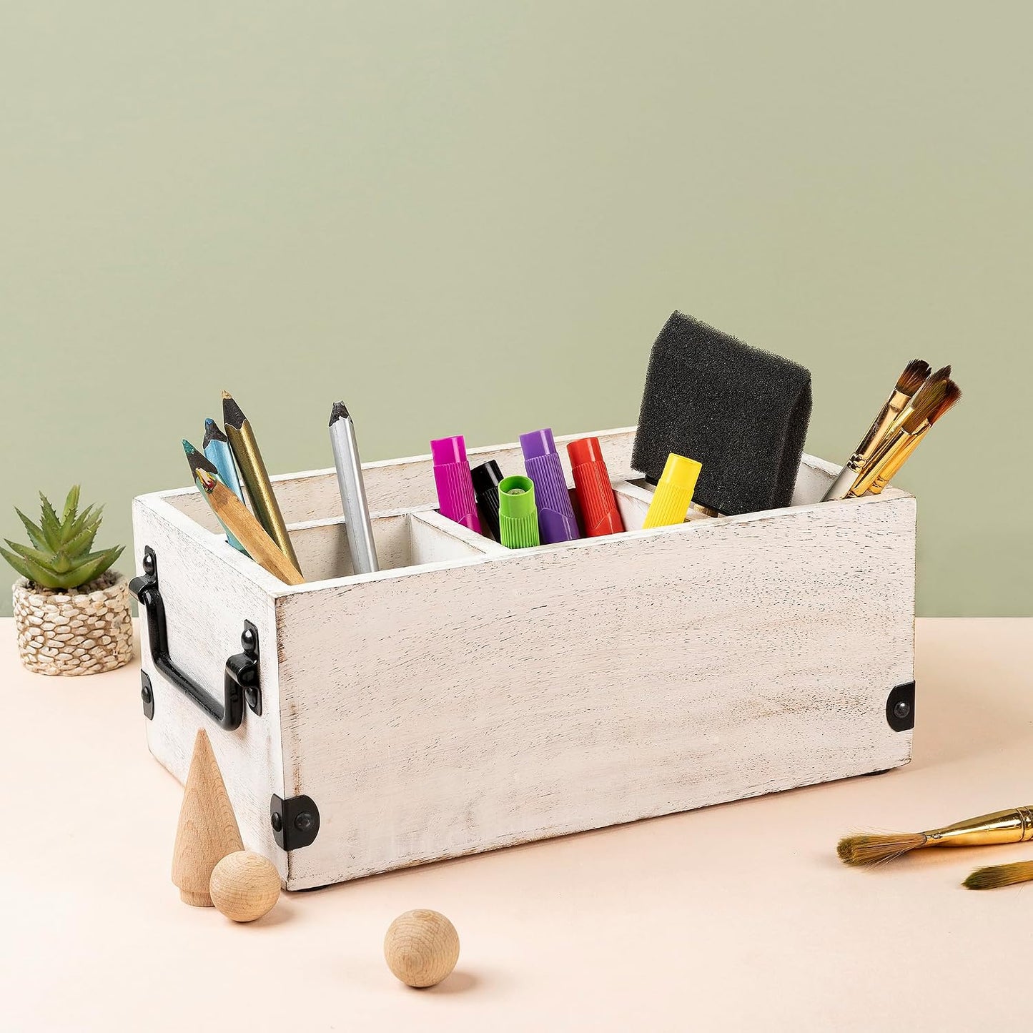 GoCraft 4-Compartment Flatware Caddy – Wooden Cutlery Holder with Napkin Holder, Silverware & Condiment Organizer, White Washed Mango Wood with Metal Handles, Perfect for Kitchen, Dining, and Picnics