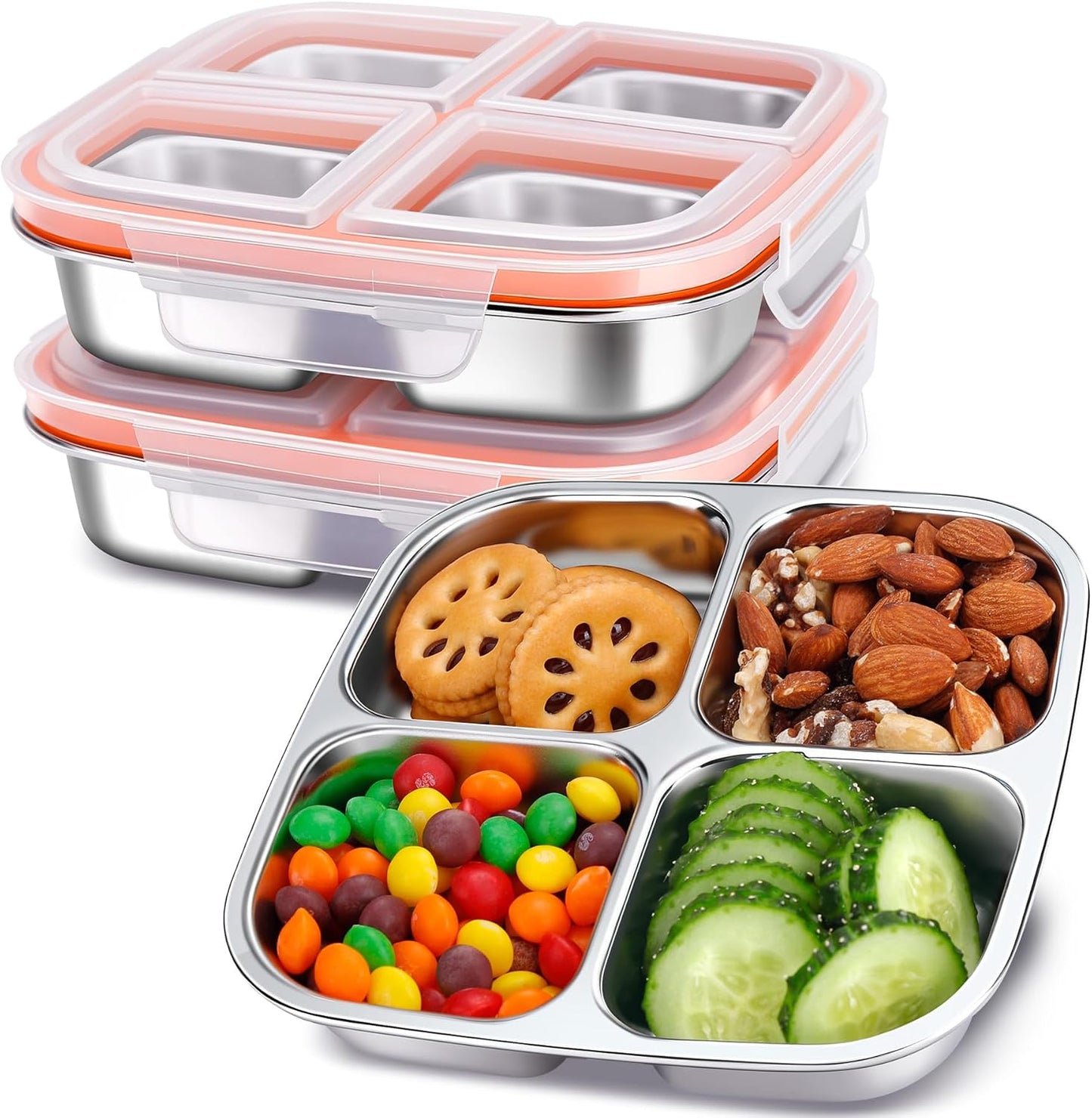 KTKUDY 3 Pack Stainless Steel Snack Containers - Divided Bento Snack Box - 4 Compartment Meal Prep Lunch Containers for Kids Daycare, School, Work, Travel