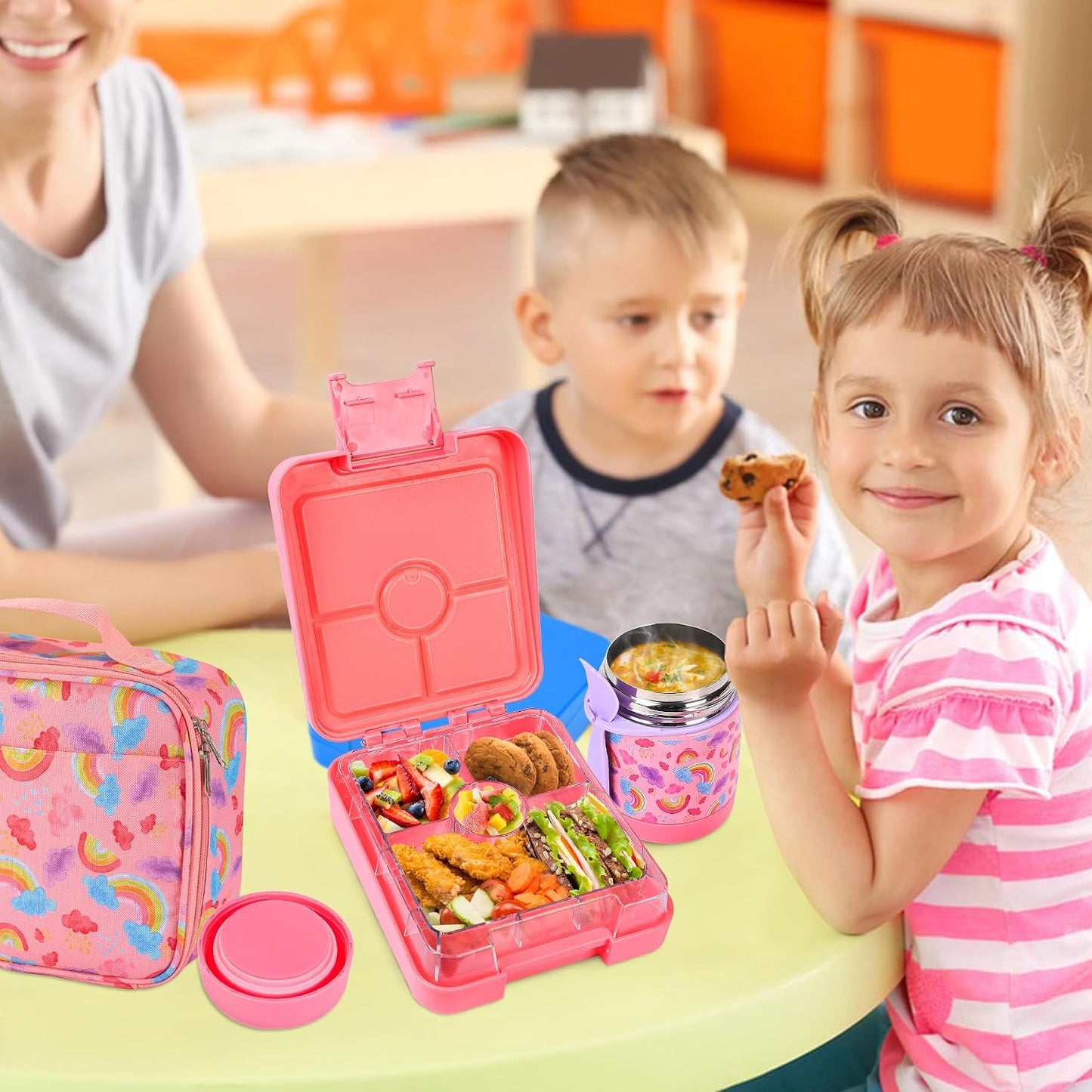 Pawtong Bento Lunch Box Set With 10oz Soup Thermo, Leak-proof Lunch Containers with 4 Compartment, Kids Hot Thermo Food Jar/Insulation Lunch Bag, Food Containers for School(Dinosaur)