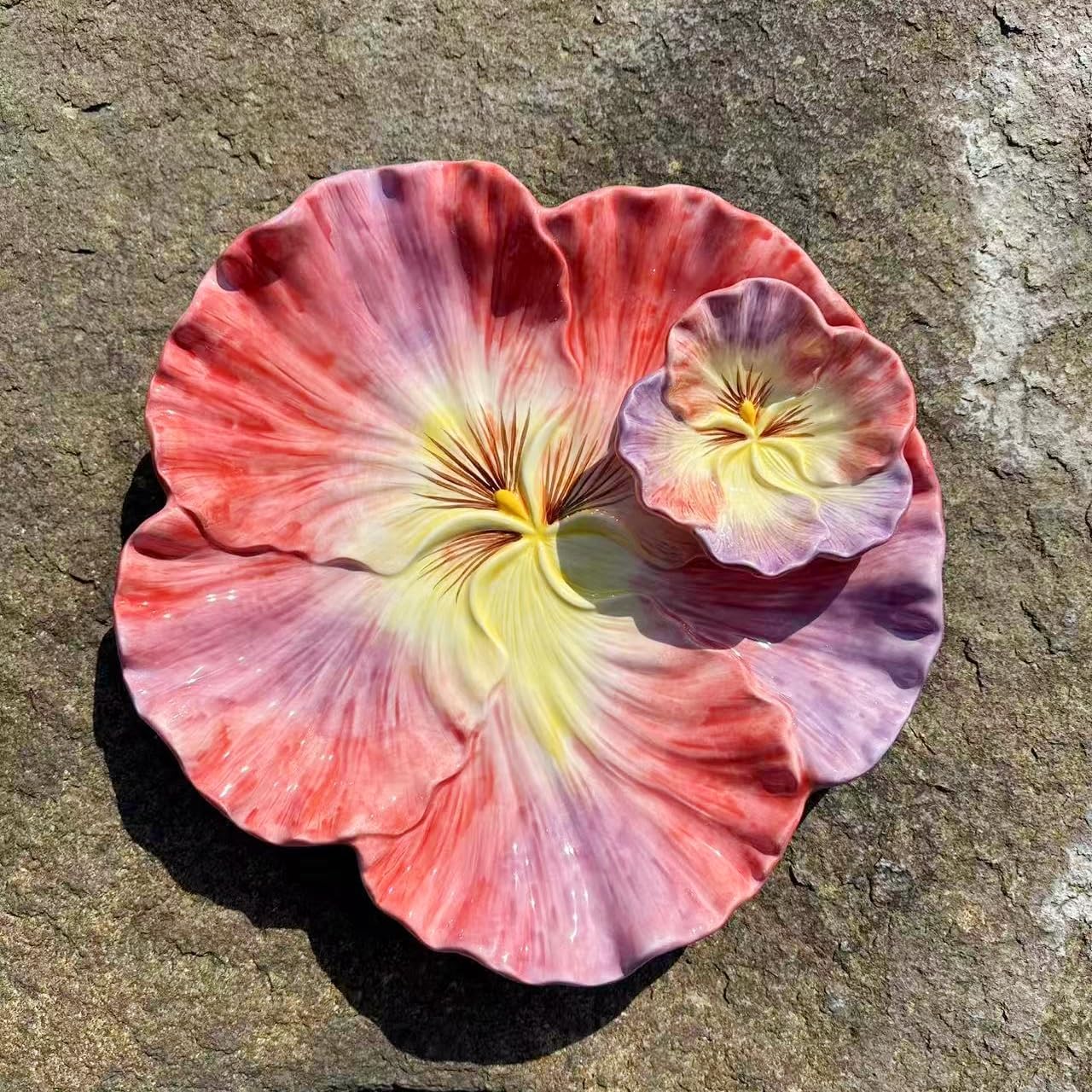 11 Inch Ceramic Chip & Dip Serving Tray | Double Layer Hand-Painted Coral Pansy Plate | Divided Appetizer Platter for Salsa, Veggies & Snacks