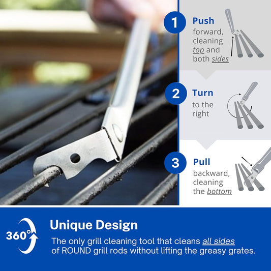 Grill Floss Premium Grill Scraper for Outdoor Grill with Round Grates - Bristle Free Grill Brush for Outdoor Grill - BBQ Grill Grate Cleaner Cleans Top and Bottom of Grill Without Lifting Grates