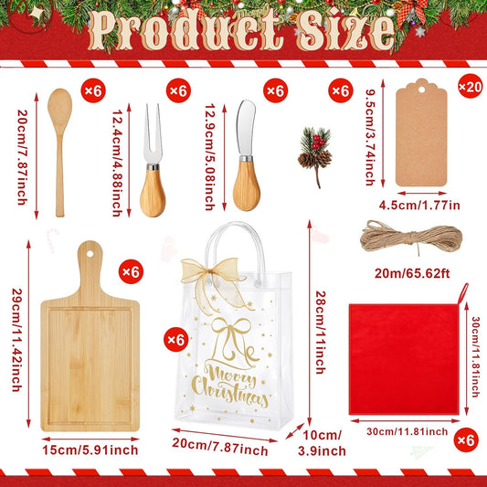Acellegic 6 Sets Christmas Cheese Cutting Board Gift Set, Bamboo Charcuterie Board with Fork Spoon Knives Towels Bags Tags Ribbon Christmas Kitchen Gifts for Bridal Baby Shower Housewarming Party