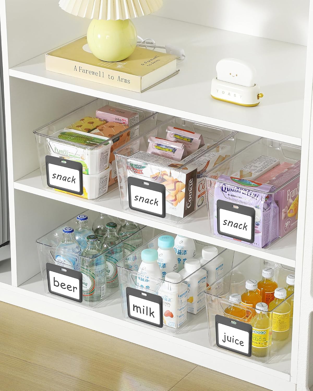 iCASA 6-Pack Clear Fridge Organizers and Storage Bins Container with Labels | Plastic Refrigerator Organizer Bin for Organizing, Home Organization Must Haves for Kitchen Under Sink Cabinet Pantry Shelf