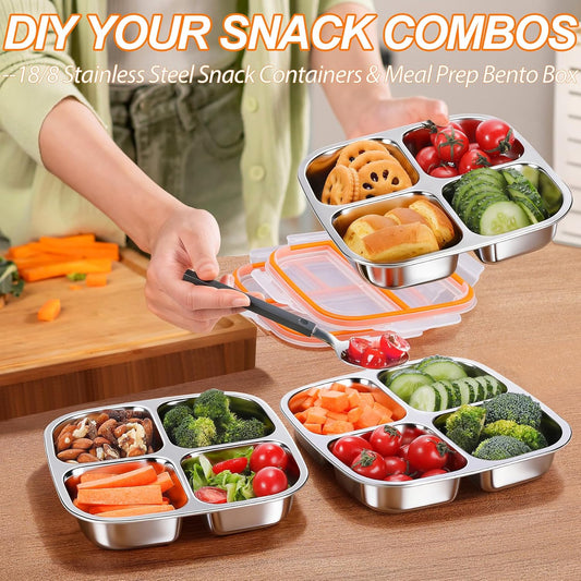 KTKUDY 3 Pack Stainless Steel Snack Containers - Divided Bento Snack Box - 4 Compartment Meal Prep Lunch Containers for Kids Daycare, School, Work, Travel