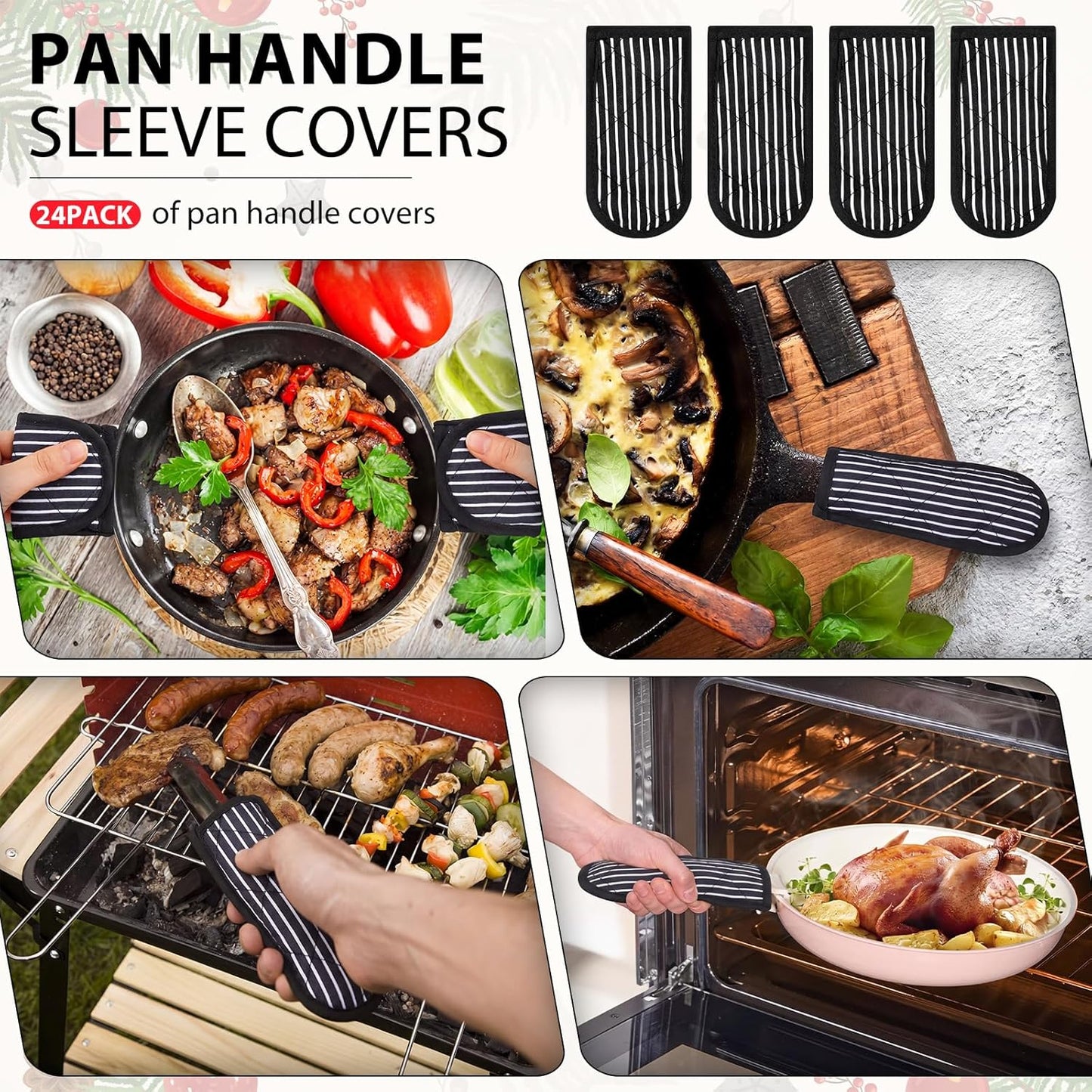 Dandat 24 Set Hot Handle Covers for Daily Replace Use Gift Pan Handle Sleeve Cover Heat Resistant Cast Iron Holder Sleeve Washable Handgrip Mitts for Christmas Kitchen BBQ Baking Cookware (Chili)