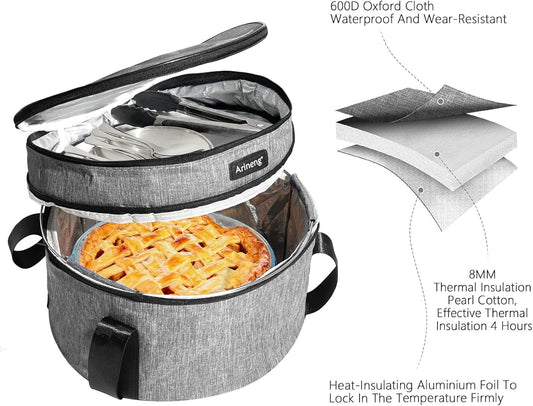 Pie Carrier, Hard-Sided Design, Insulated Bag For Casseroles, Round Insulated Cooler, Pie Tray With Lid And Handle For Hot And Cold Food Casserole Trays (Grey)
