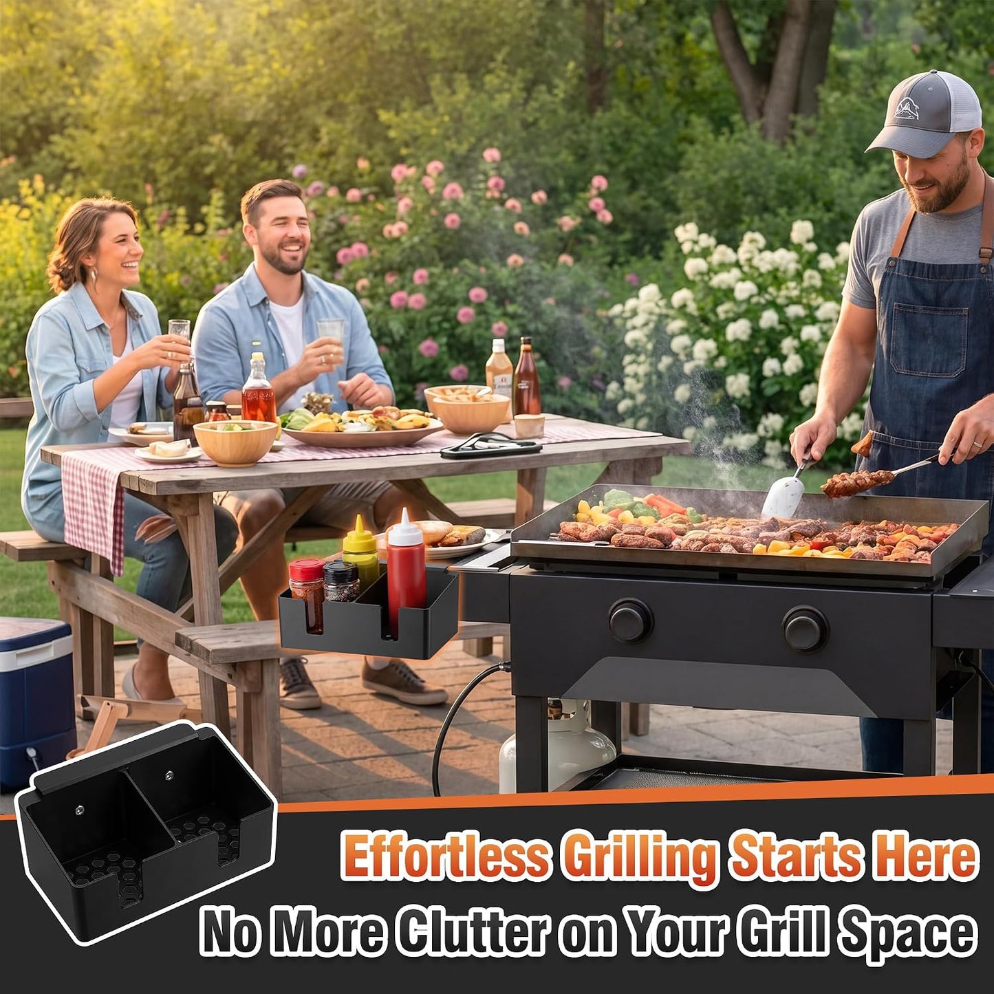 Hohean Barbecue Tool Set Magnetic Bottle Holder, Compatible with Blackstone Griddle, Elevated Magnet Base, No Melting, Heat Resistant Dual Slot Squeeze Bottle & Beverage Holder for BBQ Accessories