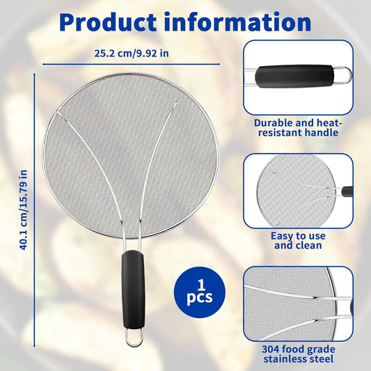 Splatter Screen for Frying Pan - 10’’ Stainless Steel Grease Splatter Guard with Grip Handle- Ultra Fine Mesh Cover Oil Splash when Sizzling Bacon, Cooking Fried Chicken or Popcorn