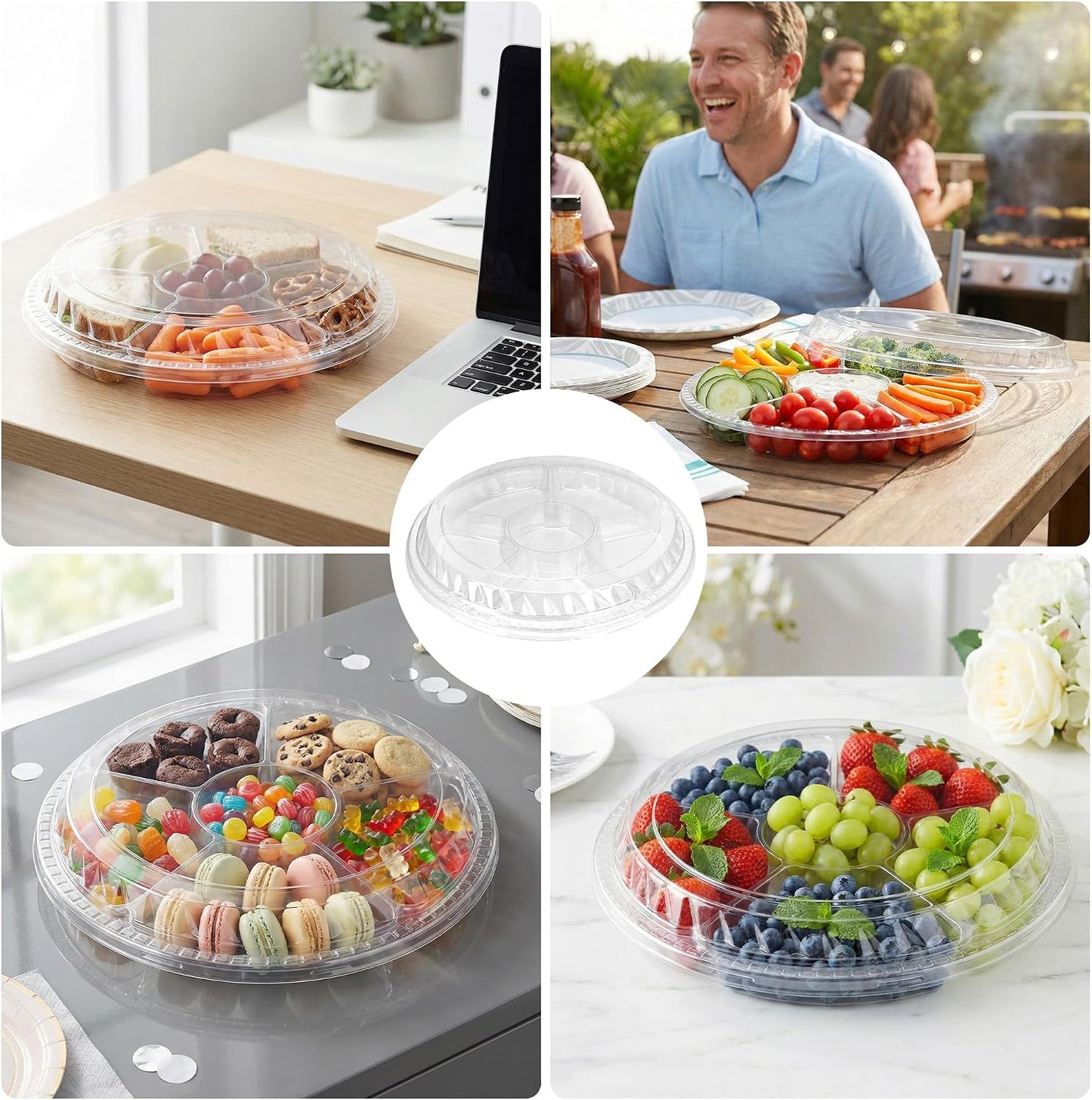 12 Pack 12 Inch Plastic Appetizer Trays with Lid 6 Compartment Clear Veggie Tray with Lid Divided Serving Tray with Lids Round Banquet Catering Fruit Vegetable Trays for Party
