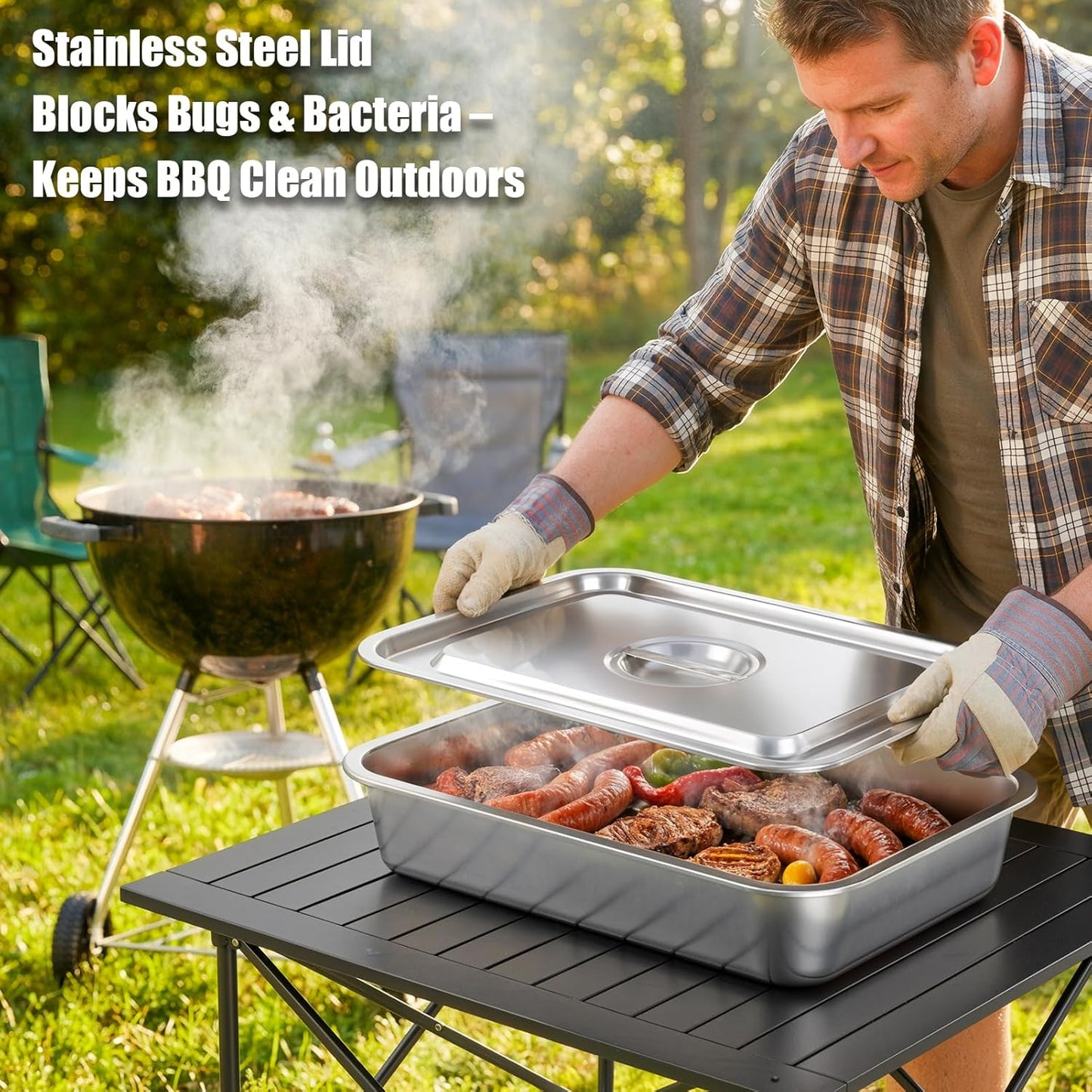 7-IN-1 Grill Prep Tray & Carry System – Large Stainless Steel Meat Marinating Container with Lid, Cutting Board, Grill Accessories, Outdoor Grilling Prep & Serve Set, BBQ Gifts for Father's Day Men
