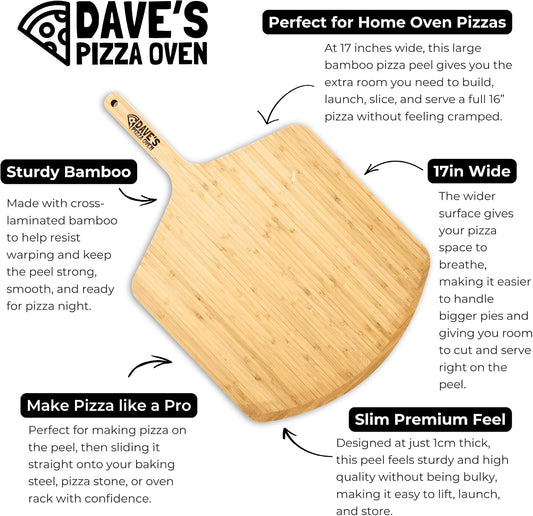 Dave's 17in Bamboo Pizza Peel | Thin Durable Large Wood Peel for Baking Serving & Cutting (17 Inch)