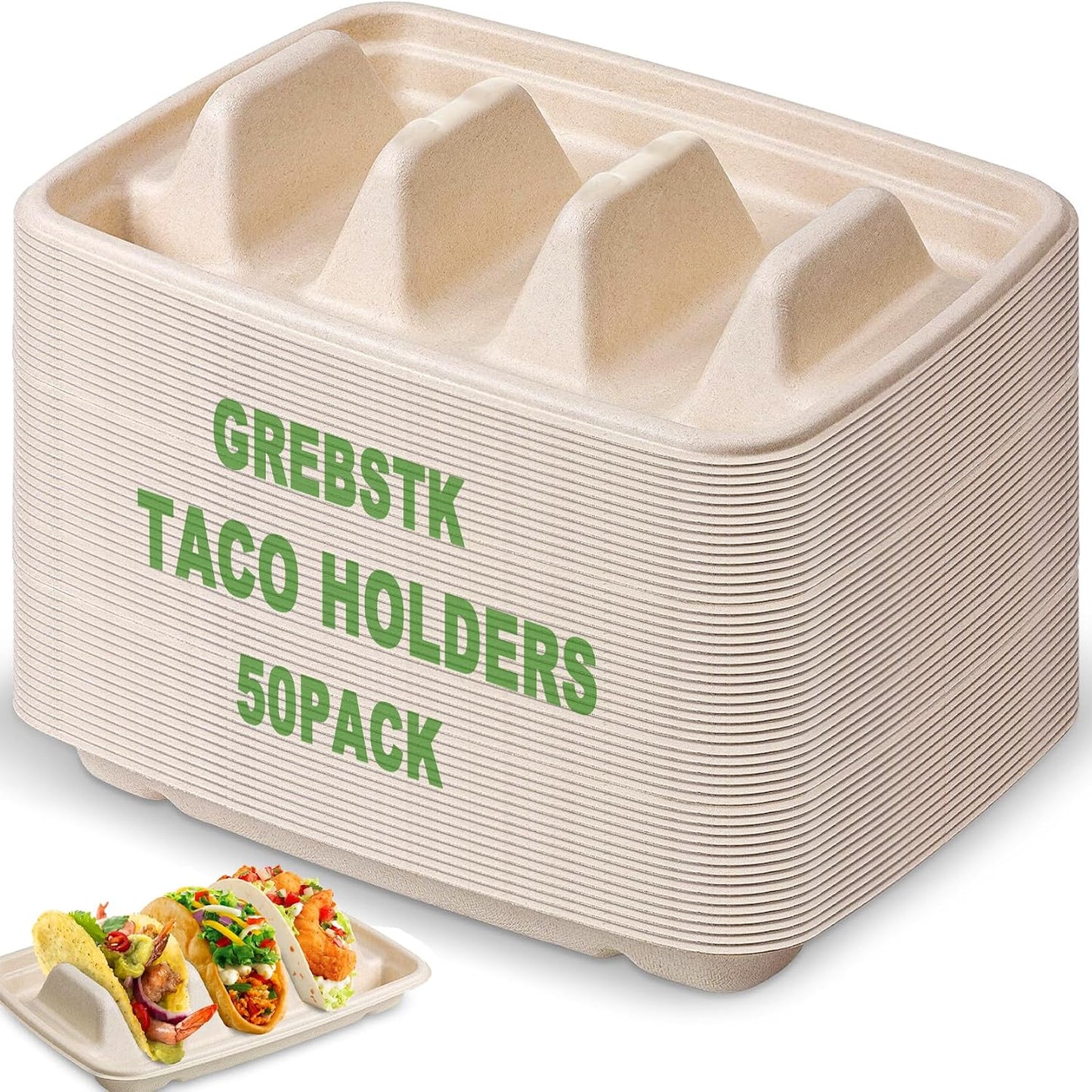 GREBSTK 30 Pack Disposable Taco Holders, Compostable Bagasse Pulp Taco Plates with 3 Dividers for Taco Tuesday Party, Lazy Susan Bar Serving Set for Tacos, Hot Dogs, Sandwiches