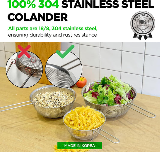 Premium 18/8 304 Stainless Steel Micro-Perforated Small and Big Colander Set of 4 with rings - 3.5-5.5-7.5-9.5 Quart Set, Self-Draining Solid Base for Pasta, Fruits, Vegetables