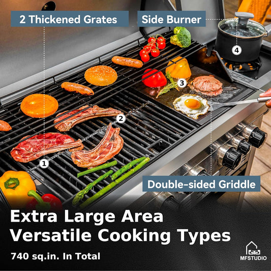 MFSTUDIO 5 Burner Gas Grill Griddle Combo with Porcelain-Enameled Cast Iron Grates,Cutting Board and Double Lids, Duel-Function Propane BBQ Grills with Flat Top Grddle for Outdoor Barbecue Cooking