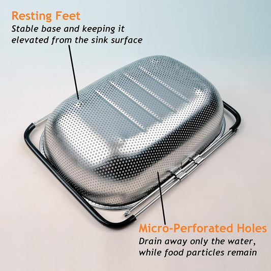 Over the Sink Strainer, Stainless Steel Kitchen Colander with Extendable Arms for Vegetable, Fruits and Pasta (5 quart)