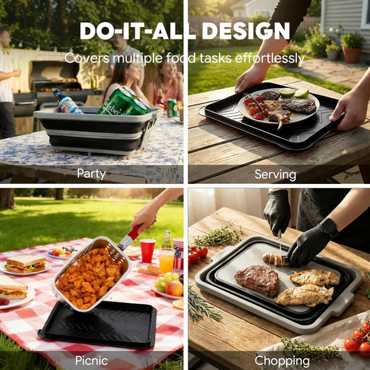 Feasto Collapsible BBQ Prep Tubs with Cutting Board, 9-IN-1, 2 Tubs Portable Grill Prep Station with Side Brackets, Lids, Knives, Meat Claws and Drain Rack, Space-Saving for Kitchen & Camping, Black