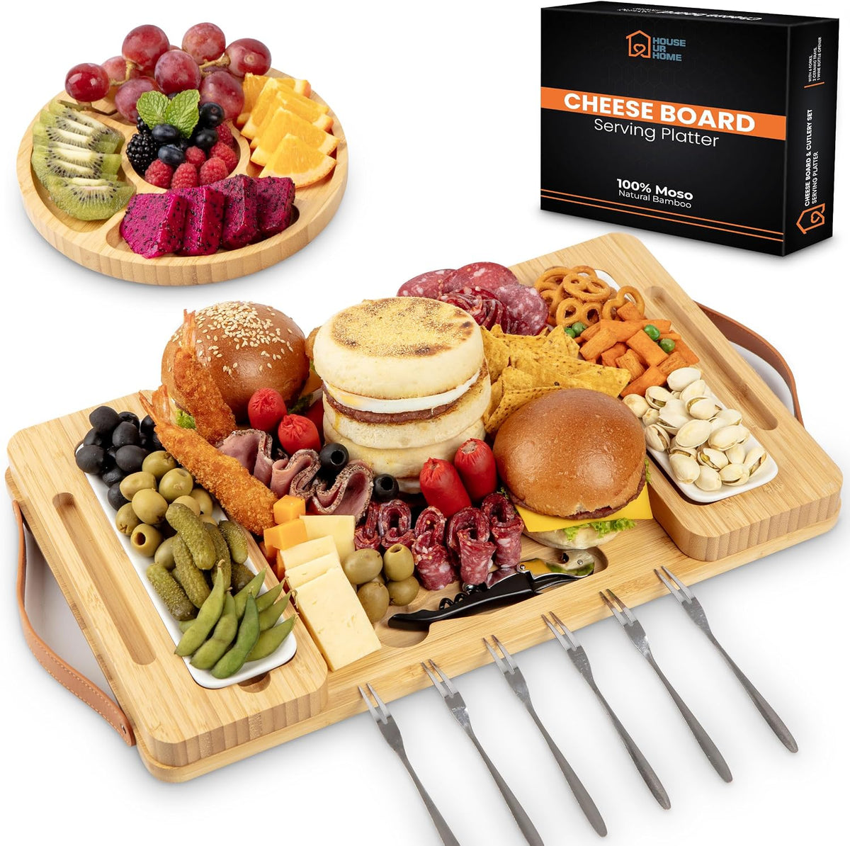 Bamboo Charcuterie Board Set with Magnetic Side Trays | Large Cheese Platter with Knives & Bowls | Unique Housewarming, Wedding & Birthday Gift for Entertaining