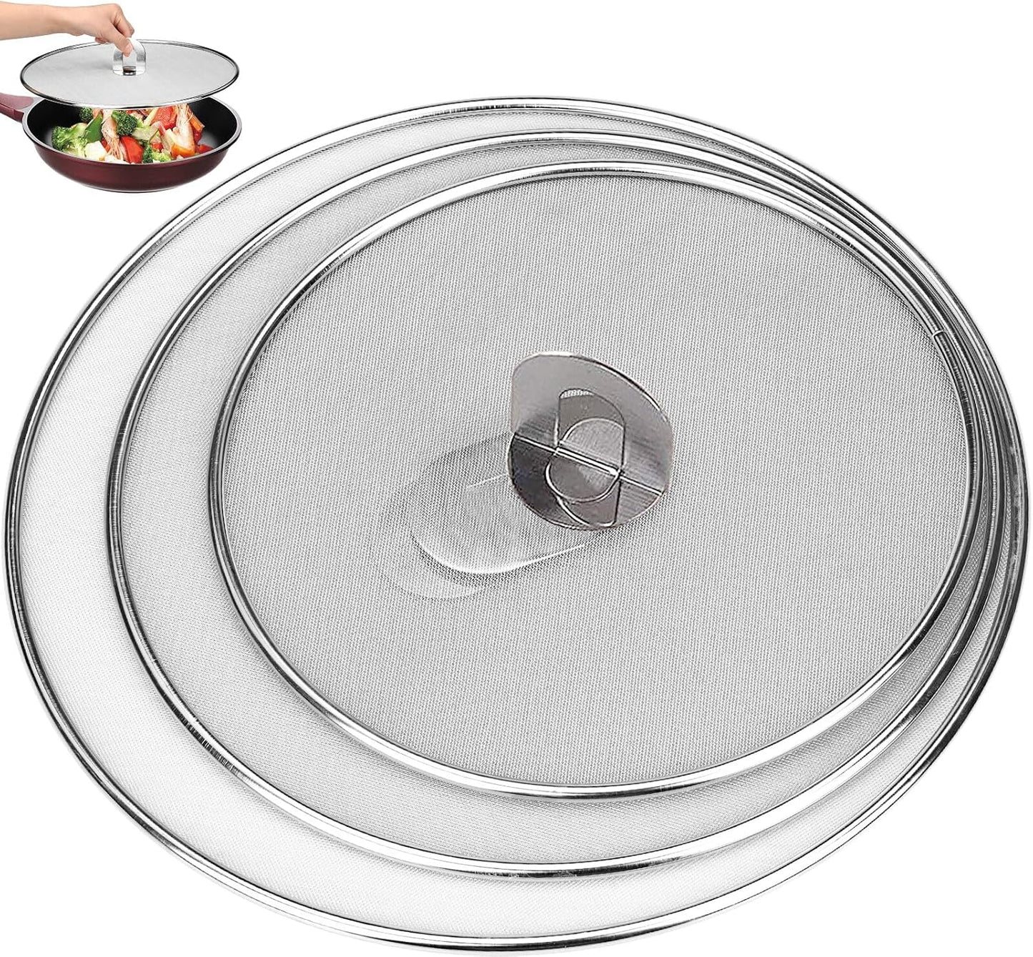 Splatter Screen for Frying Pan 13" 11.5" 9.8" Stainless Steel Fine Mesh Grease Splatter Guard with Comfort Silicone Handles and Resting Feet for Prevent Oil Splatter Safe Cooking