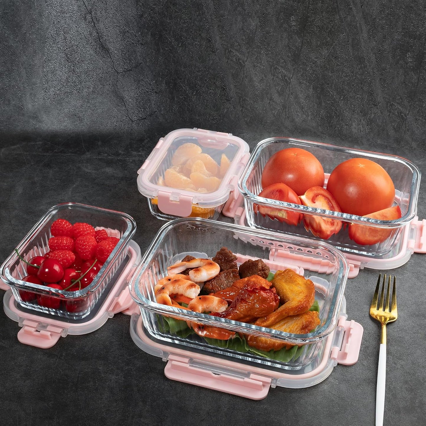 10 Pack Glass Food Storage Containers with Lids (34oz & 12oz) - Airtight, Leakproof, Meal Prep Containers for Kitchen - Dishwasher, Microwave, Oven, Freezer Safe High Borosilicate Glass (Pink)