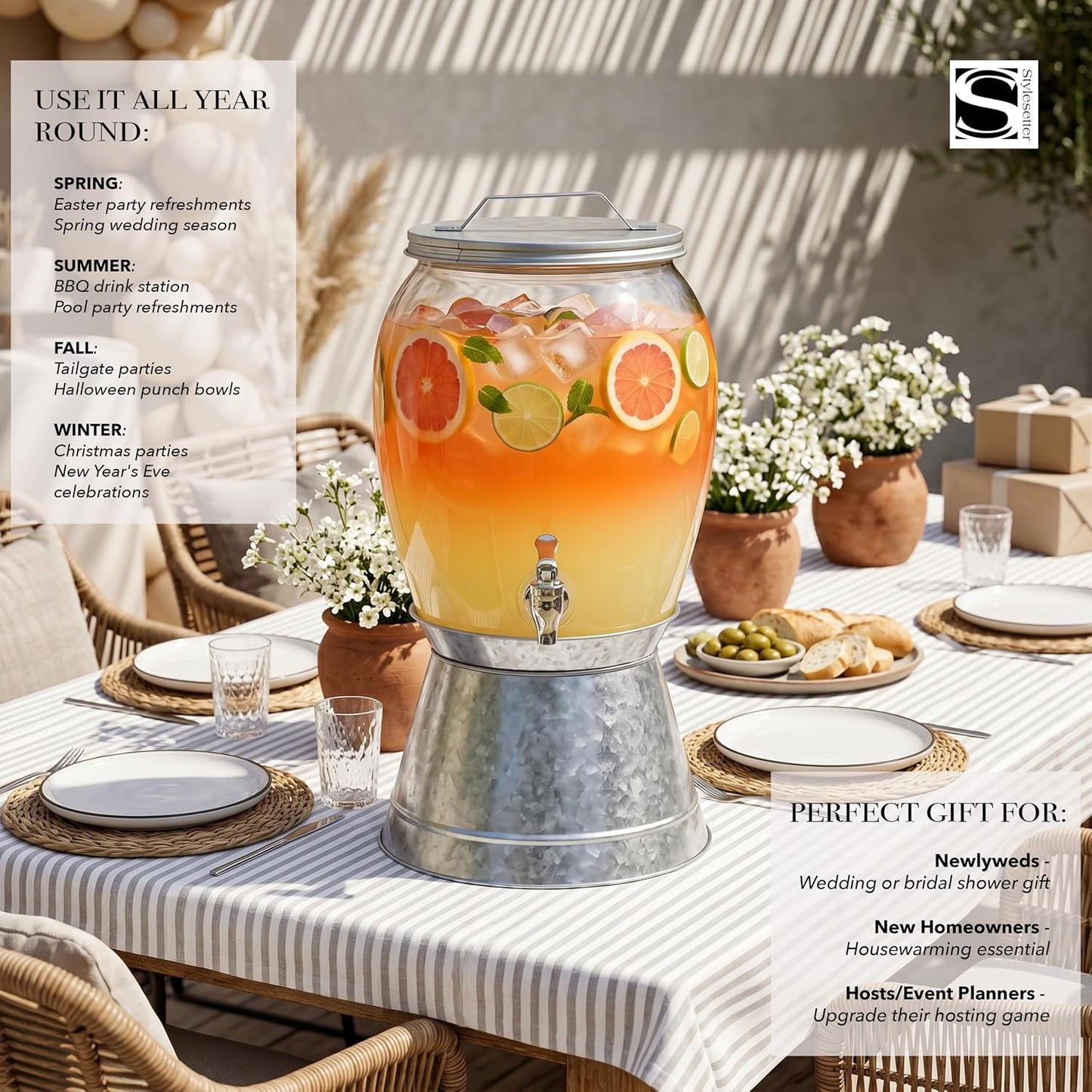 Style Setter Beverage Dispenser Cold Drink Dispenser Glass Jug, Metal Stand & Leak-Proof Acrylic Spigot Great for Parties, Weddings & More (Jaxon), 2 Gallon
