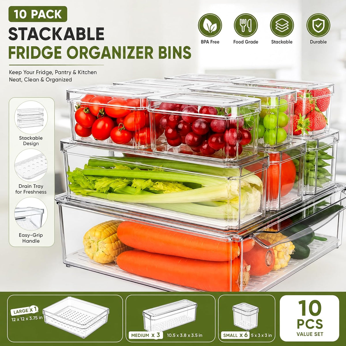 10 Pack Clear Fridge Organizer Bins with Lids, Plastic Storage Totes for Refrigerator, Pantry, Kitchen and Bathroom Vanity, Stackable Food Storage Boxes for Fruits, Vegetables, Cereals and Snacks