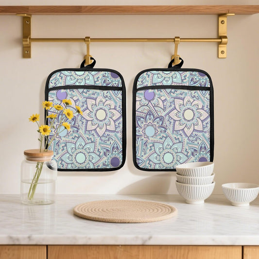 Vintage Boho Mandala Floral Pot Holders 2 Pack Set, Floral Kitchen Decor, Oriental Aesthetic Mandala Flower Botanical Heat Resistant Oven Hot Pads for Kitchen Countertop Baking