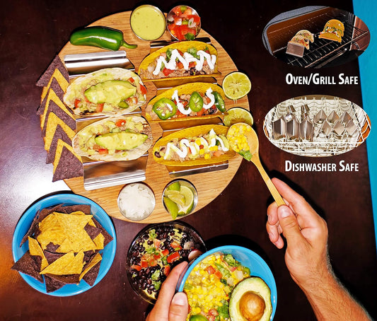 Taco Holder Stand - Set of 4 - Oven & Grill Safe Stainless Steel Taco Racks With Handles - Fill & Serve Tacos With Ease - Taco Trays by Fiesta Kitchen