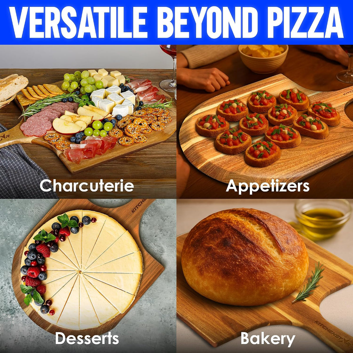 16-Inch Wooden Pizza Peel, X-Large Paddle, Cutting & Serving Board w Handle