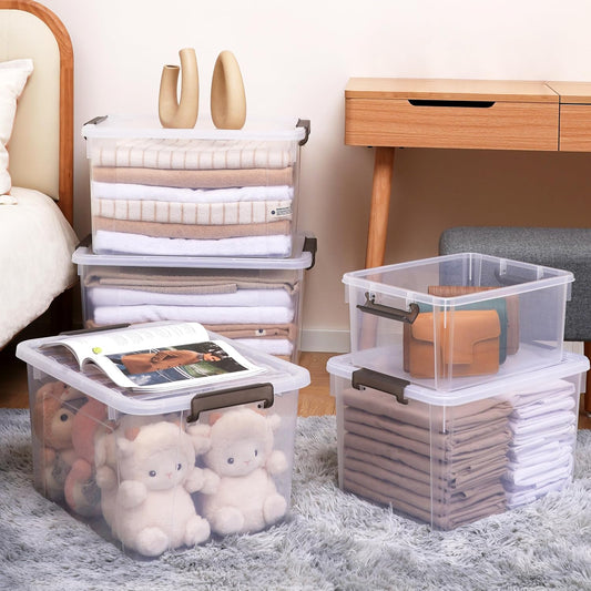 Citylife 32 QT Plastic Storage Bins with Latching Lids Stackable Storage Containers for Organizing Large Clear Storage Box for Garage, Closet, Kitchen, 4 Packs