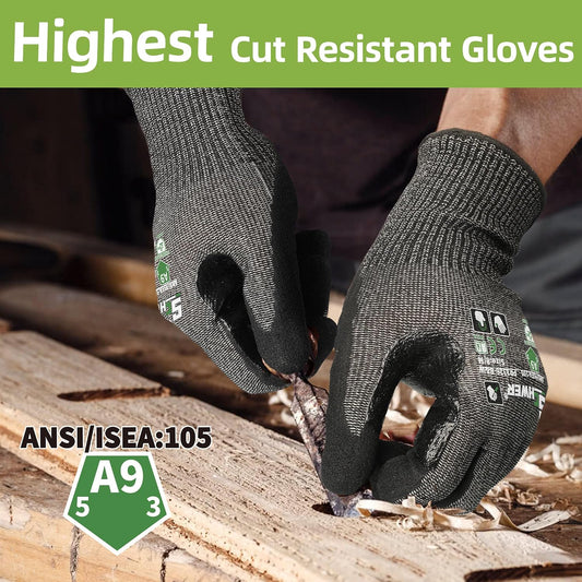 Schwer ProGuard High Level Cut Resistant Work Gloves for Extreme Protection, ANSI A9 Cut Gloves with Reinforced Thumb, Non Slip, Breathable, Durable, Touch-screen, Black 1 Pair(L 3326