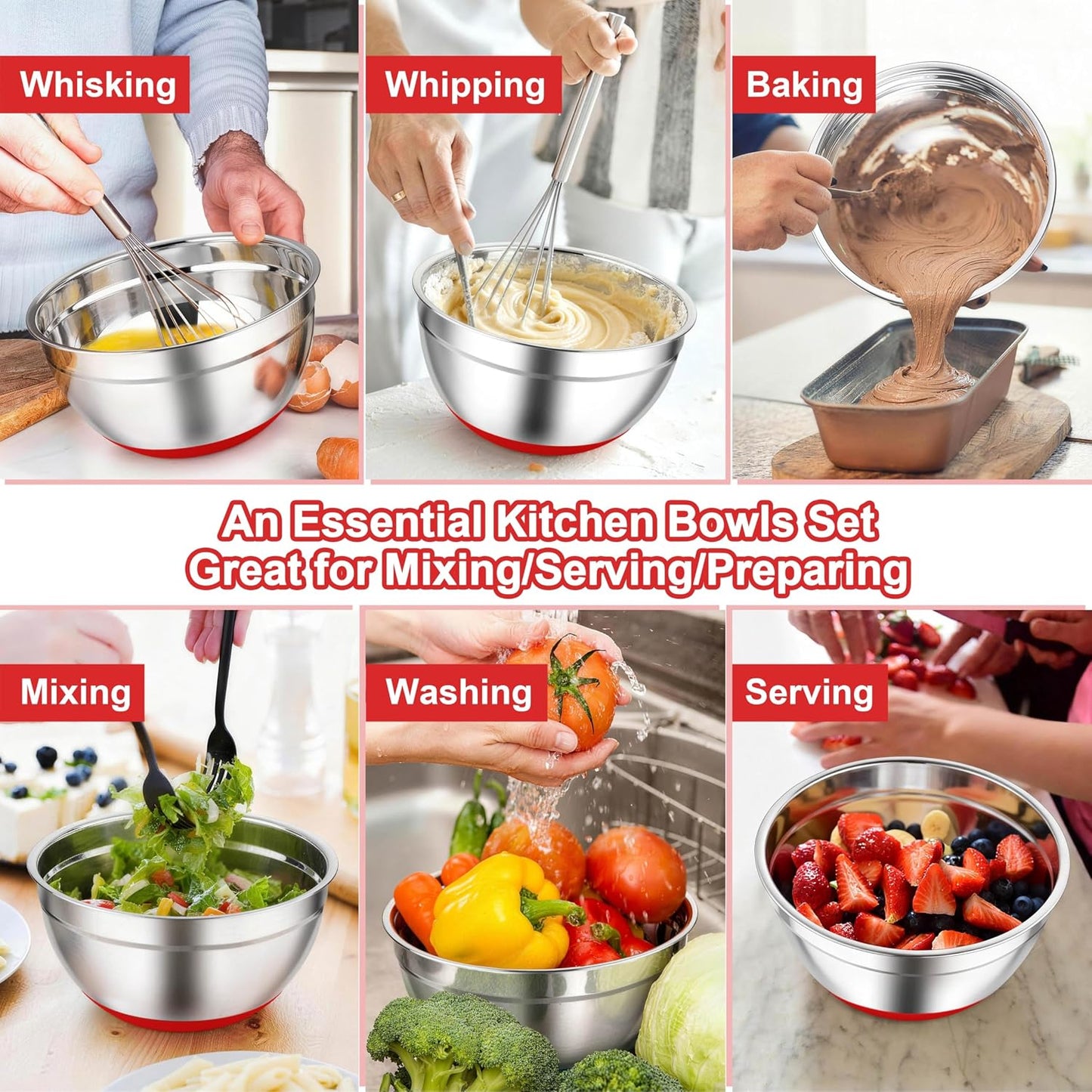 TeamFar Mixing Bowls, Stainless Steel Mixing Bowls with Lids, Nesting Salad Bowls with Air-tight Lids & Non-slip Bottom, Dishwasher Safe & Stackable, Set of 6-4.6/2.6/2 / 1.5/1 / 0.7 Qt