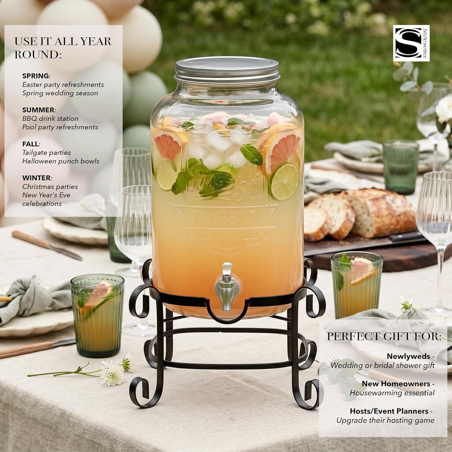 Style Setter Beverage Dispenser Cold Drink Dispenser Glass Jug, Metal Stand & Leak-Proof Acrylic Spigot Great for Parties, Weddings & More (With Metal Rack)