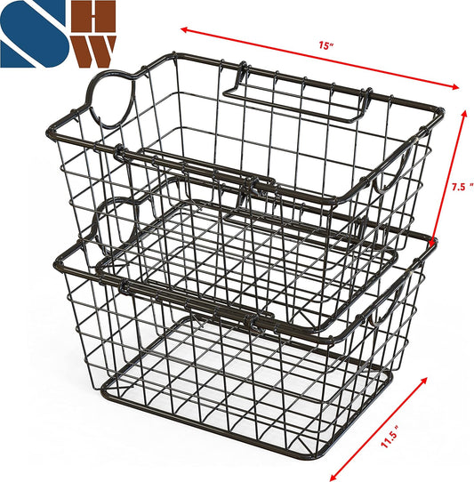 Simple Houseware 2 Pack Stackable Single Wire Basket, (11.5 x 15 x 7.5 in)