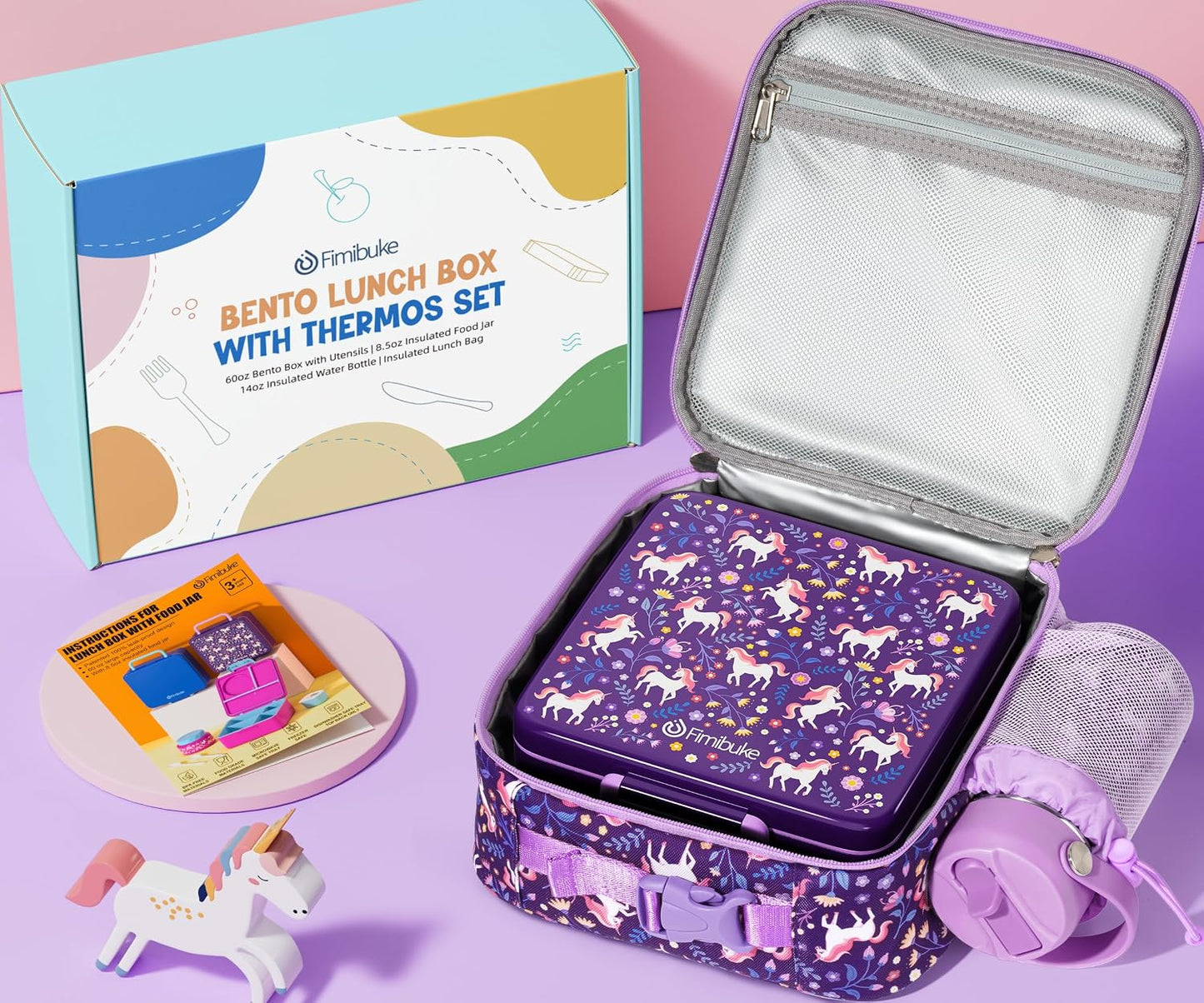 Fimibuke Kids Bento Lunch Box with Thermo, Leakproof Toddler Bento Box with 8.5 OZ Insulated Food Jar, Lunch Bag, Kids Water Bottle, 3 or 4 Compartment Container for Back to School Toddler Girls Boys