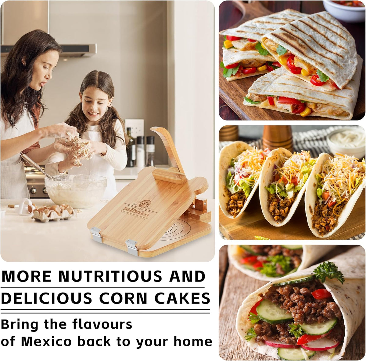 Tortilla Press 10 Inch Bamboo Tortilla Maker, Mexican Tortillera Presser Homemade Flour Tortilla Press for Mexican Tortillas Roti Burrito, Taco Pataconera (Beech)