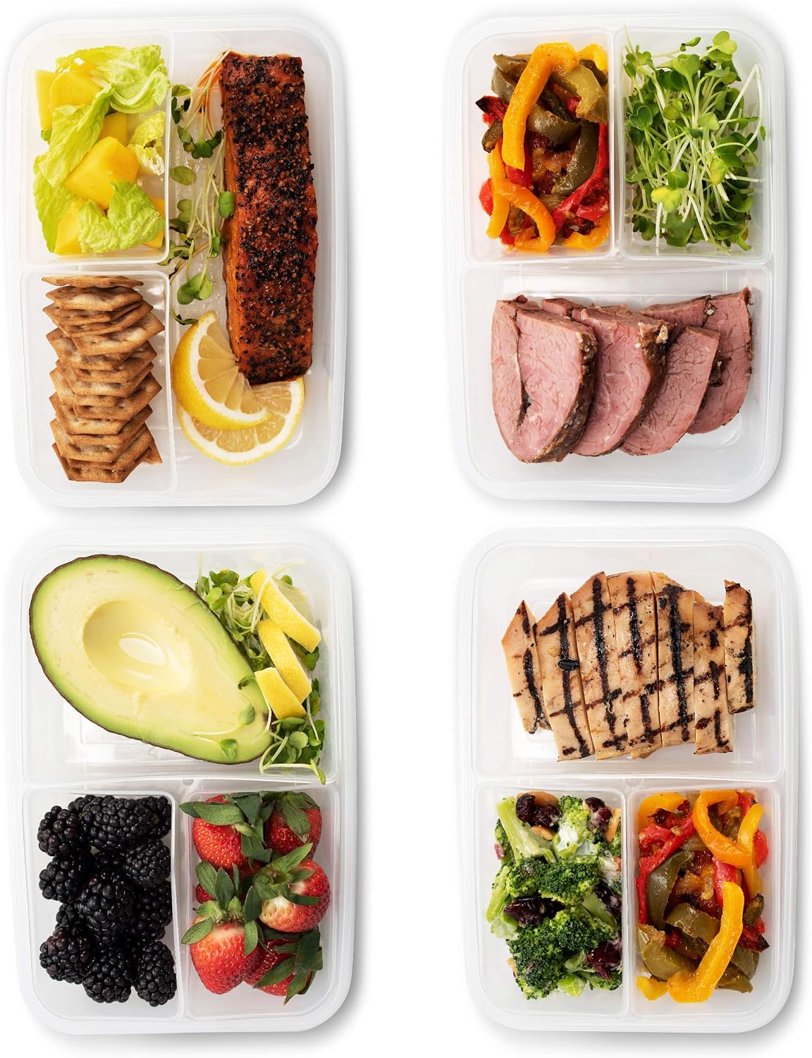 Komax Biokips Set of 5 Lunch Containers – 3 Compartment Food Container for Meal Prep, Portion Control – Microwave & Dishwasher Safe Bento Box Adult Lunch Container w/Locking Lid (37 oz)