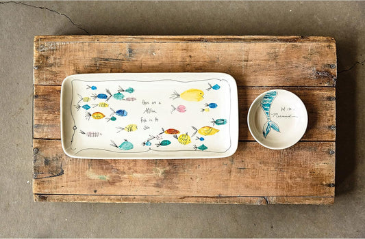Creative Co-Op Coastal Stoneware Serving Platter and Dip Dish with Mermaid and Sea Life Illustrations, Multicolor
